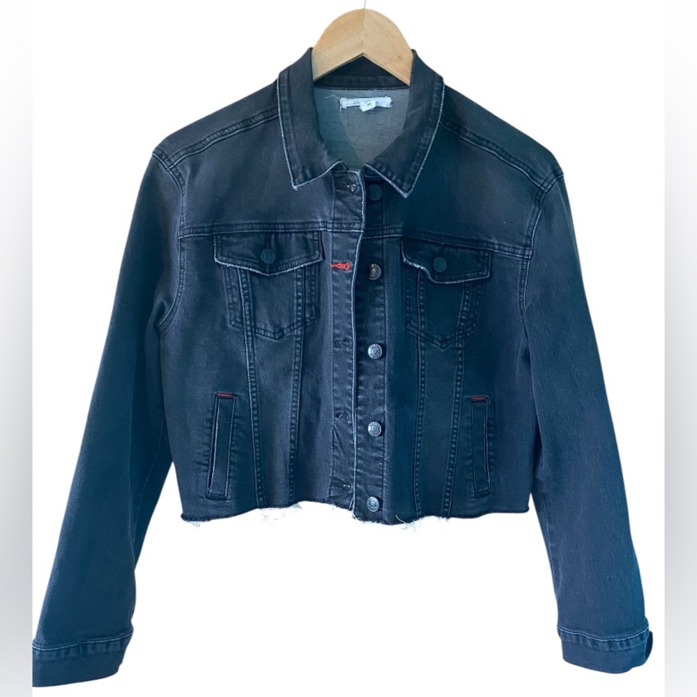 Denim jean Jacket Crop Women Size Medium Distress Black Frayed Hem Western